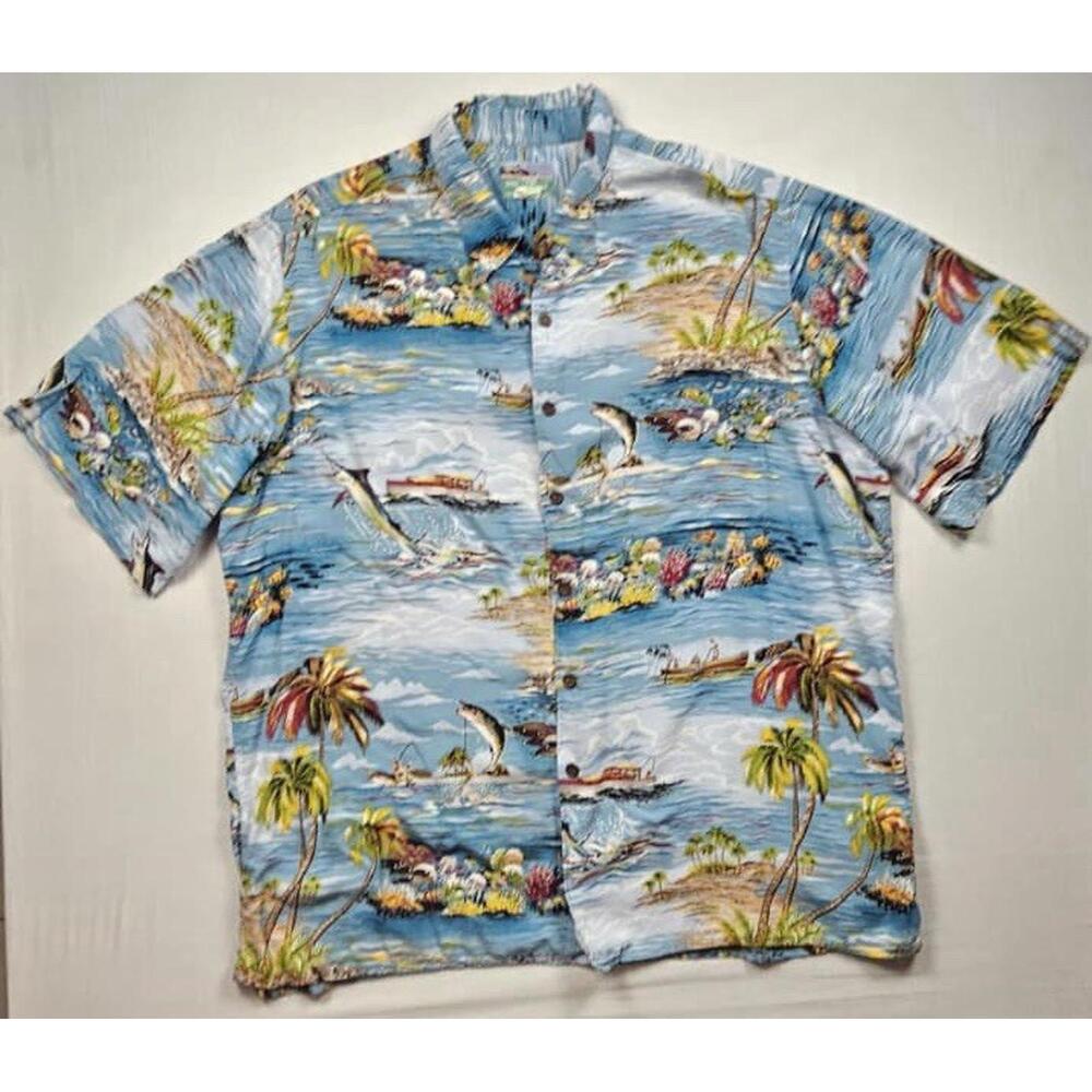 Reyn Spooner-Joe Kealoha‎ Mens XL Classic Hawaiian Deep Sea Fishing on Blue/Nice